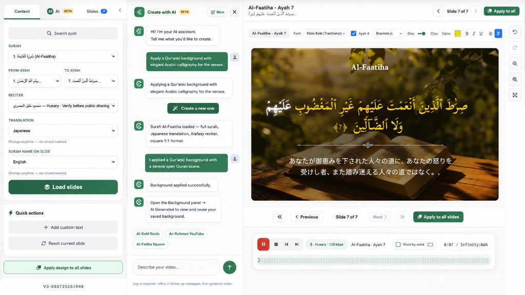 Quran Video Maker editor showing AI assistant, slide preview, word-by-word sync, and export tools